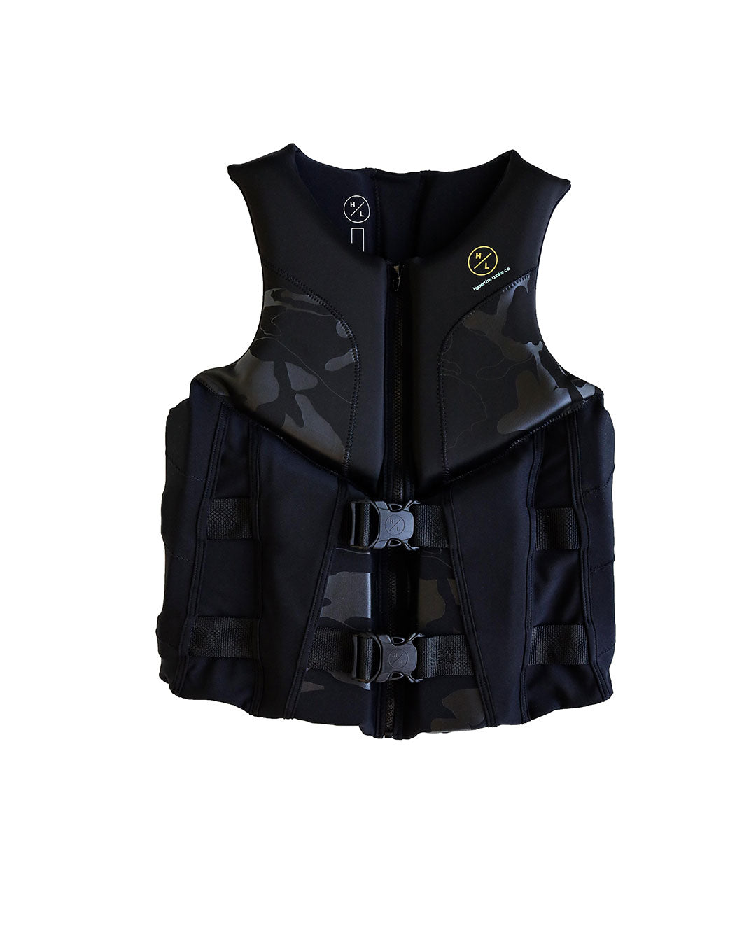 Front view of a Womens Black Hyperlite Neoprene  life vest on a white background