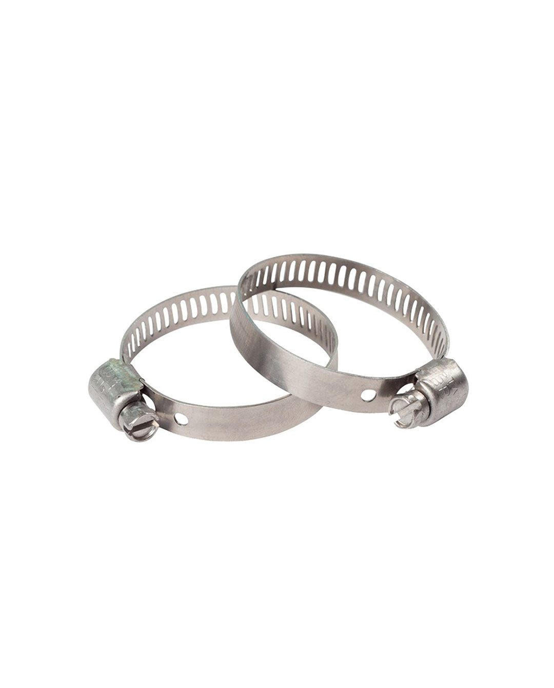 Two metal Fatsac hose clamps on a white background