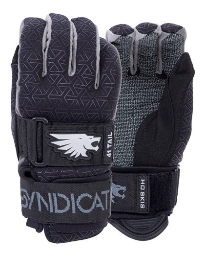 Black and gray waterski gloves with a 'syndicate' logo on a white background