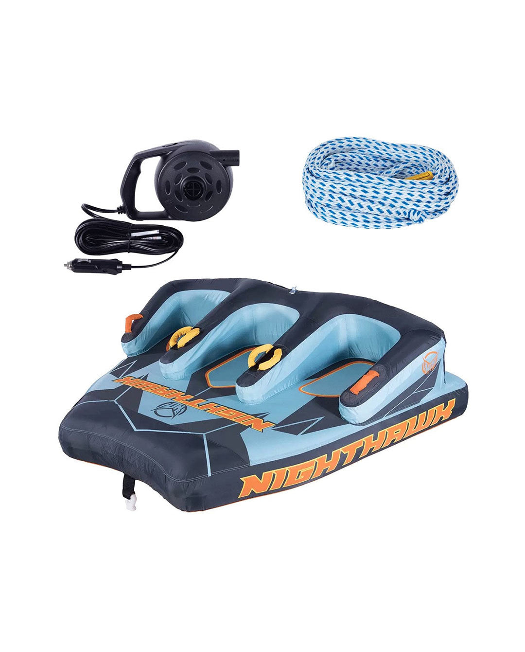 Towable water sports 3 person tube with pump and rope on a white background