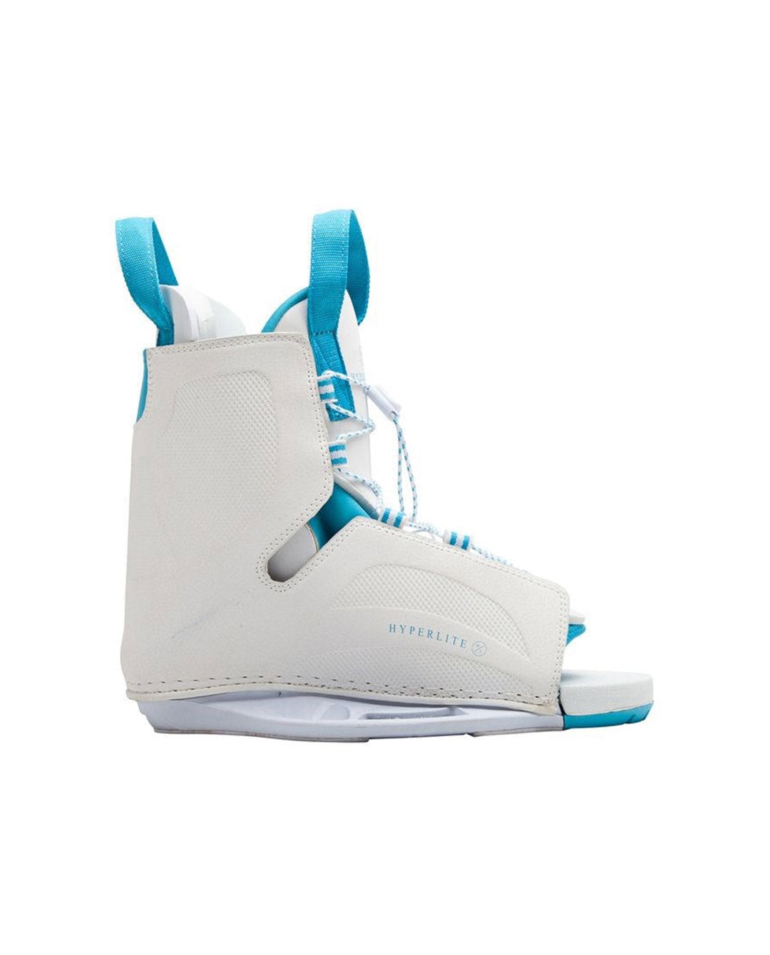 White and blue wakeboard boot with bindings on a white background