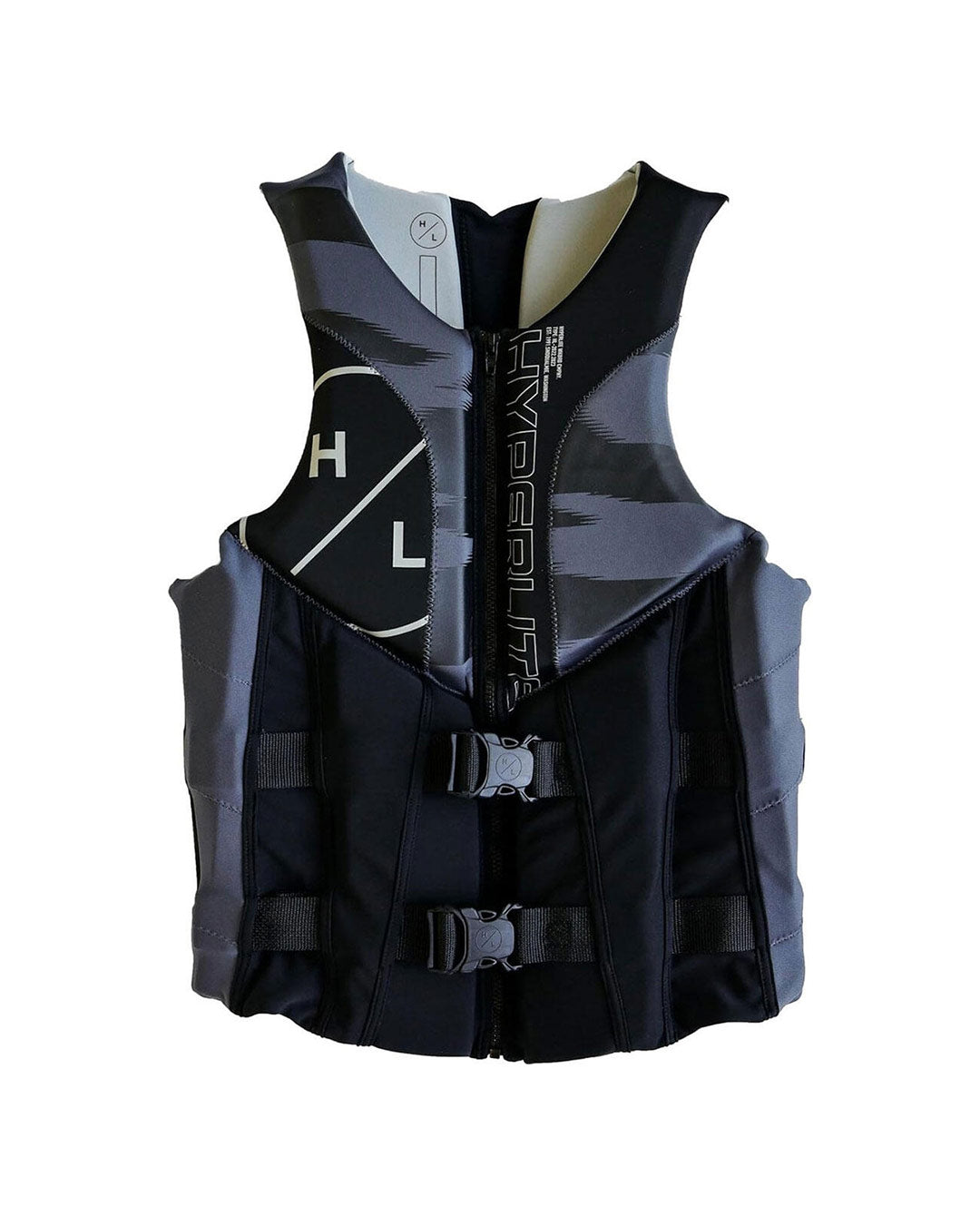 Hyperlite Black and gray neoprene life vest with white branding on a white background