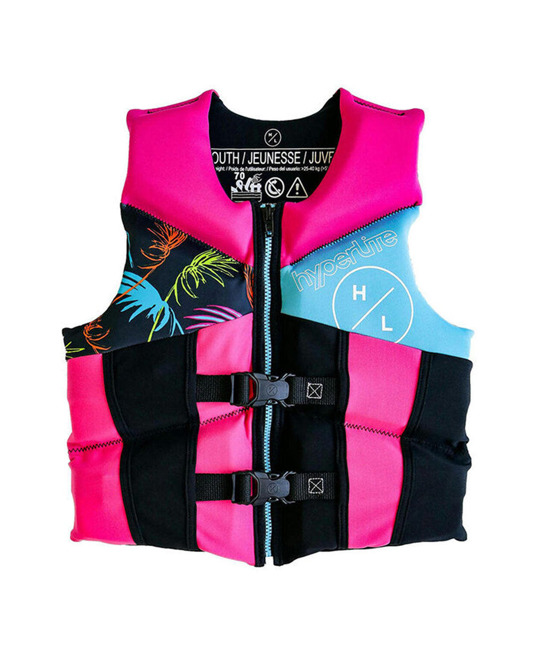 Hyperlite branded Pink and black girls  life jacket with colorful designs on a white background