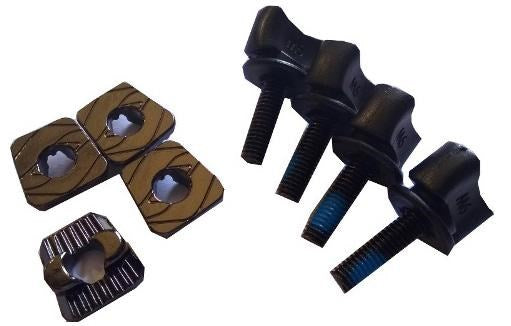 Set of black Hyperlite M6 thumb screws and brackets on a white background