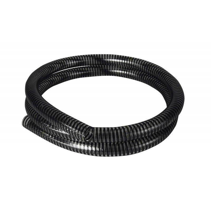 Coil of Black corrugated kink proof hose by Fatsac on a white background