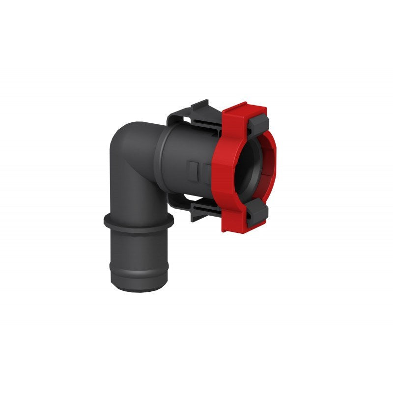 Black and red elbow joint connector on a white background