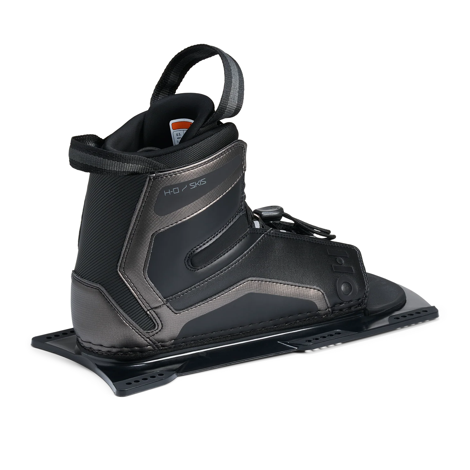 Back 3/4 view of a Black HO Sports stance waterski boot on a white background