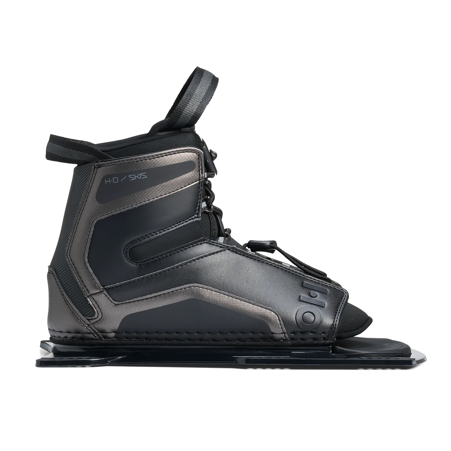 Side profile of a black HO Sports stance waterski boot on a white background