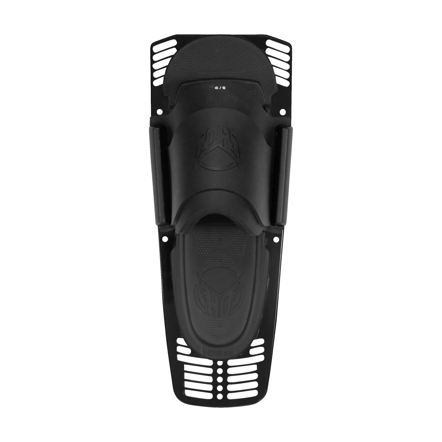 Top view of a HO Sports Stance adjustable rear toe plate. All black with small size print in white on a black background