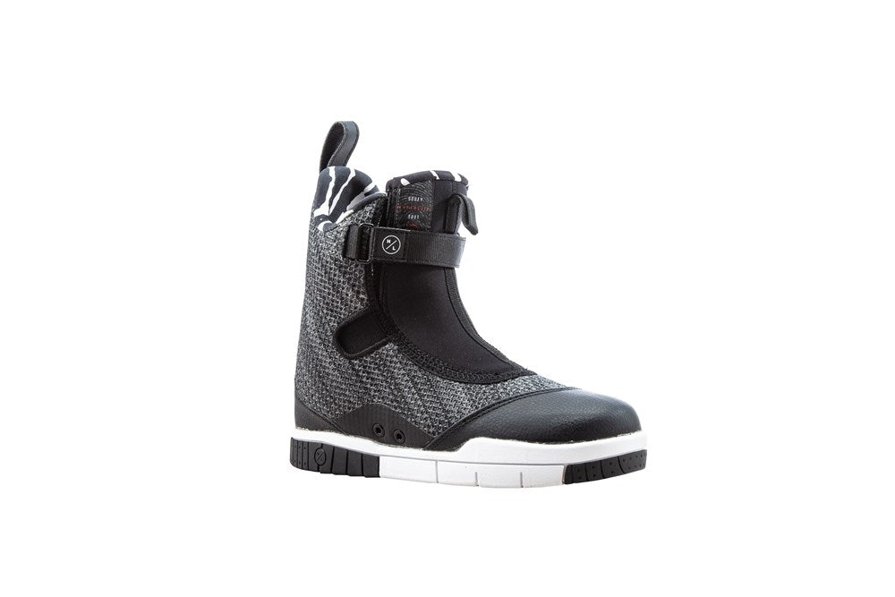 Black and gray wakeboard boot with a strap on a white background