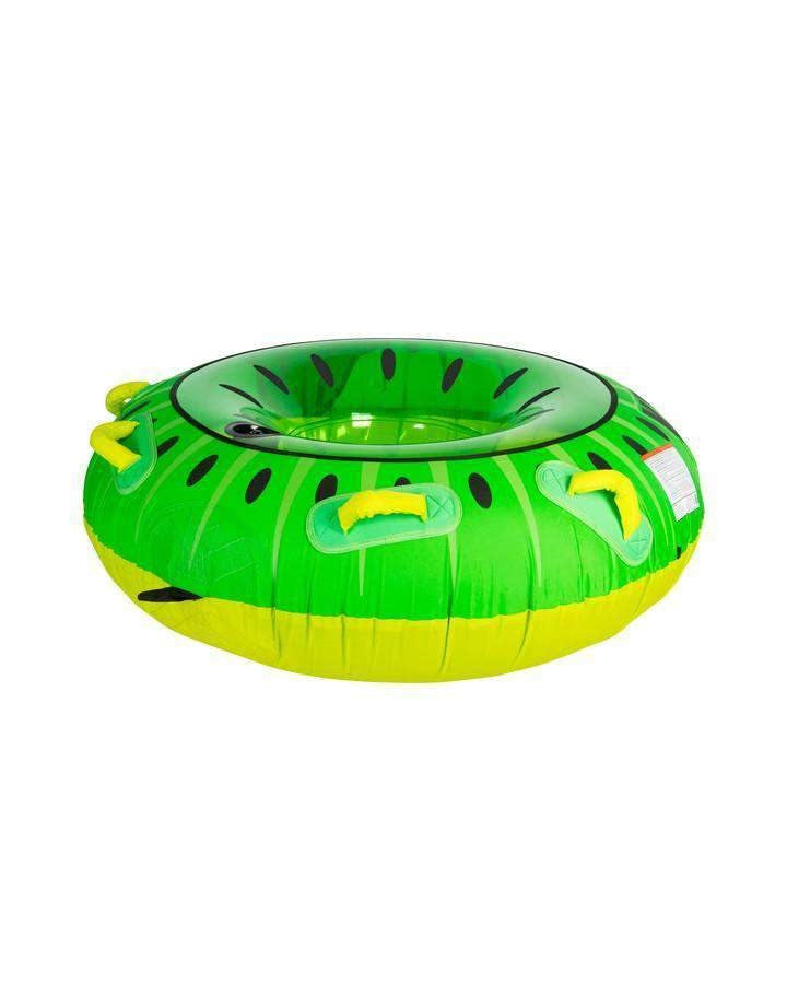 Green inflatable tow tube with yellow accents on a white background