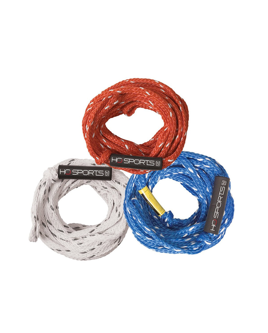 Three coiled tube tow ropes in blue, red, and black and white pattern on a white background.