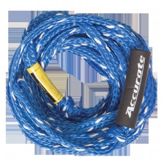 Coiled blue tube tow rope with a yellow and black tag on a white background