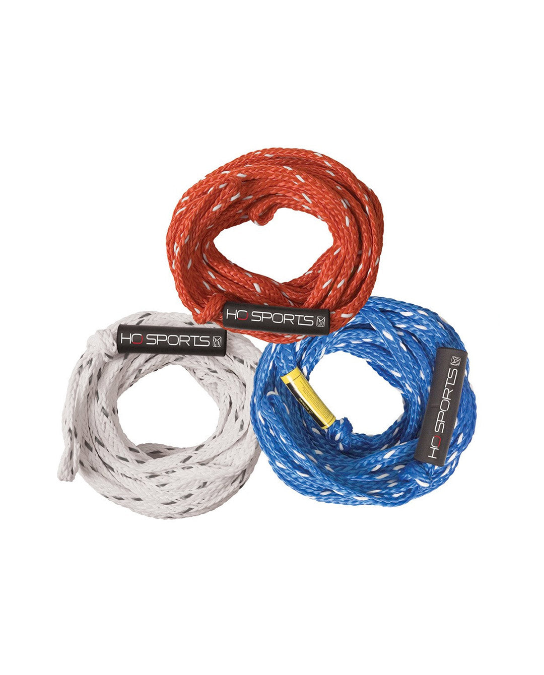 Three coiled tube tow ropes in red, white, and blue with 'HO Sports' branding on a white background.