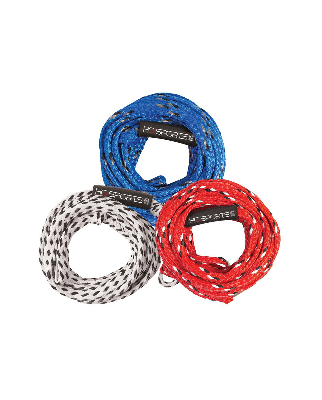 Three coiled tube tow ropes in blue, red, and black and white pattern on a white background.