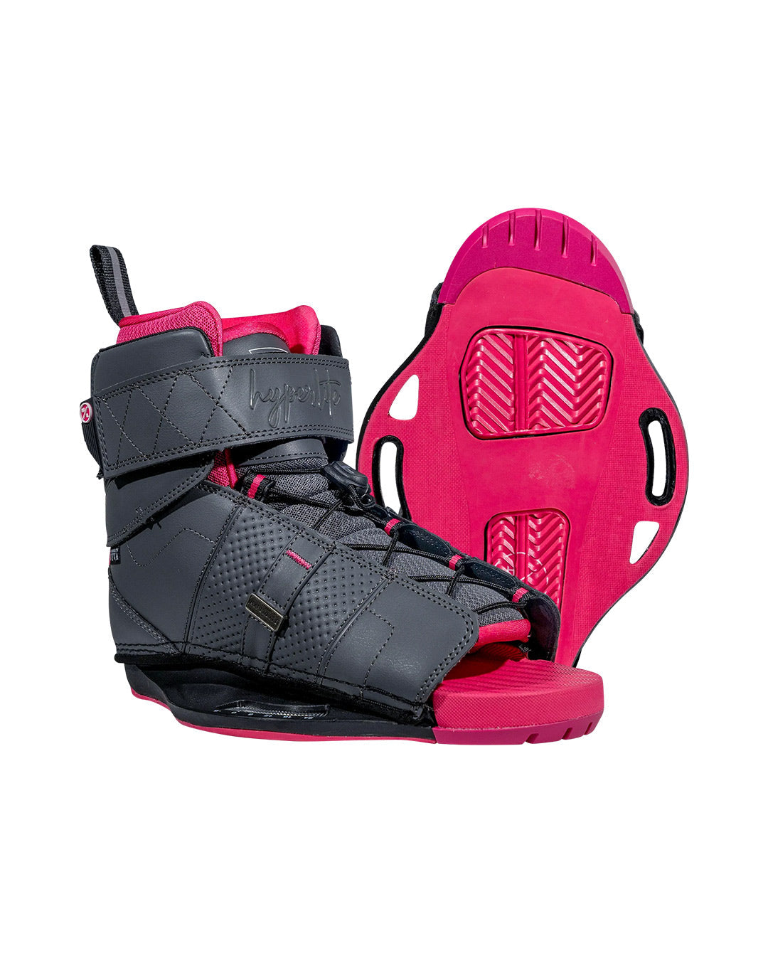 Side and bottom view of Black and pink wakeboard boots on a white background