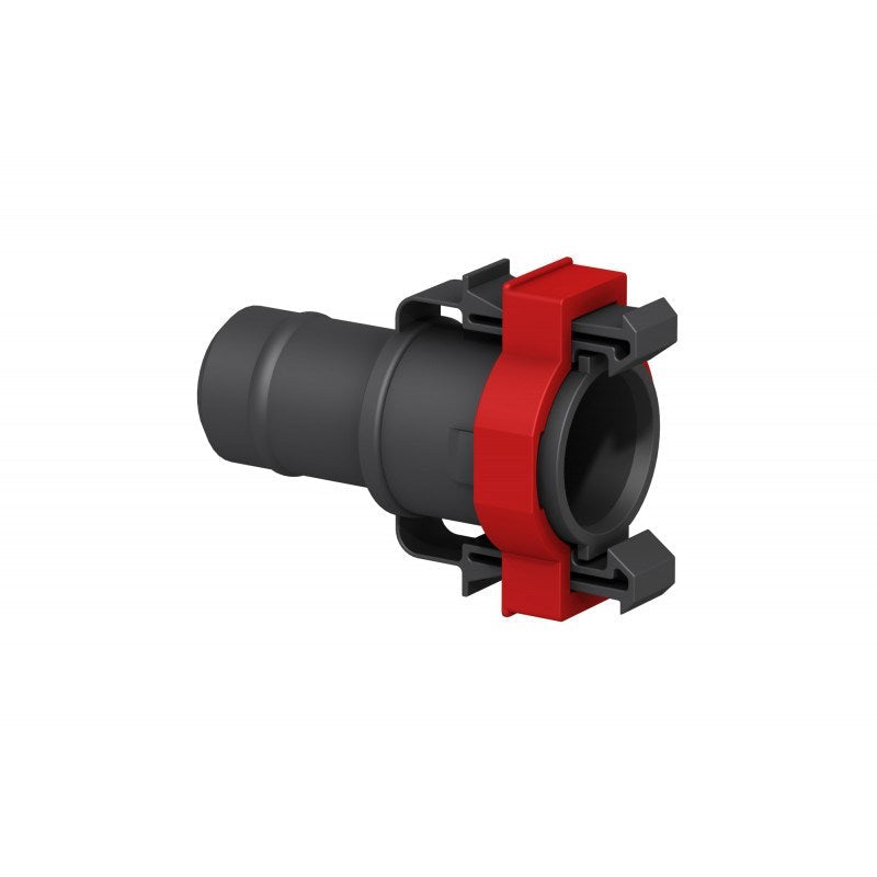 Fatsac black and red straight flow connector fitting on a white background