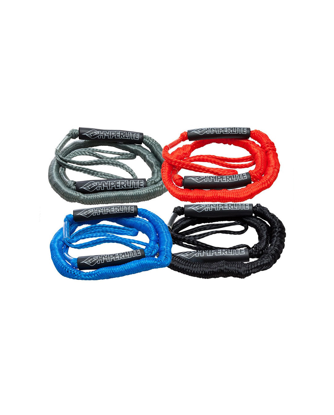 Four seperate bungee dock ties in one image. Gray, red, blue, and black on a white background