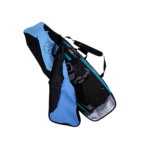 Blue and black Hyperlite bag with a wakeboard setup inside on a white background