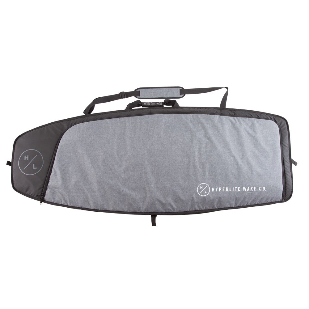 Gray wakesurf travel bag with Hyperlite Wake Co logo on a white background
