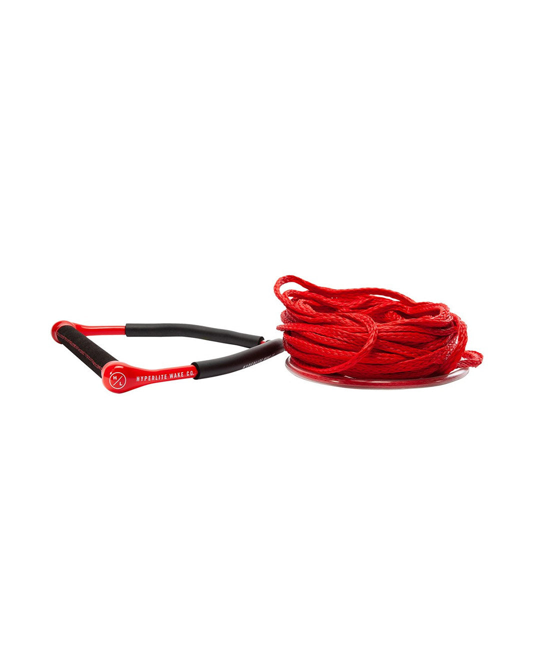 Red Hyperlite wakeboard tow rope with handle on a white background