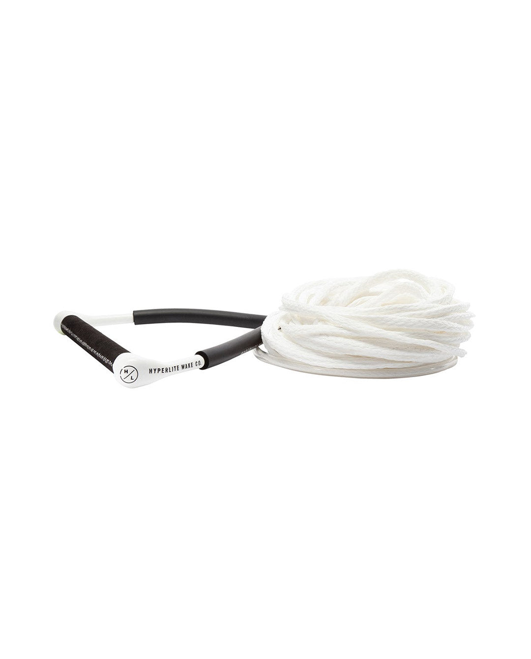 White Hyperlite wakeboard tow rope with handle on a white background