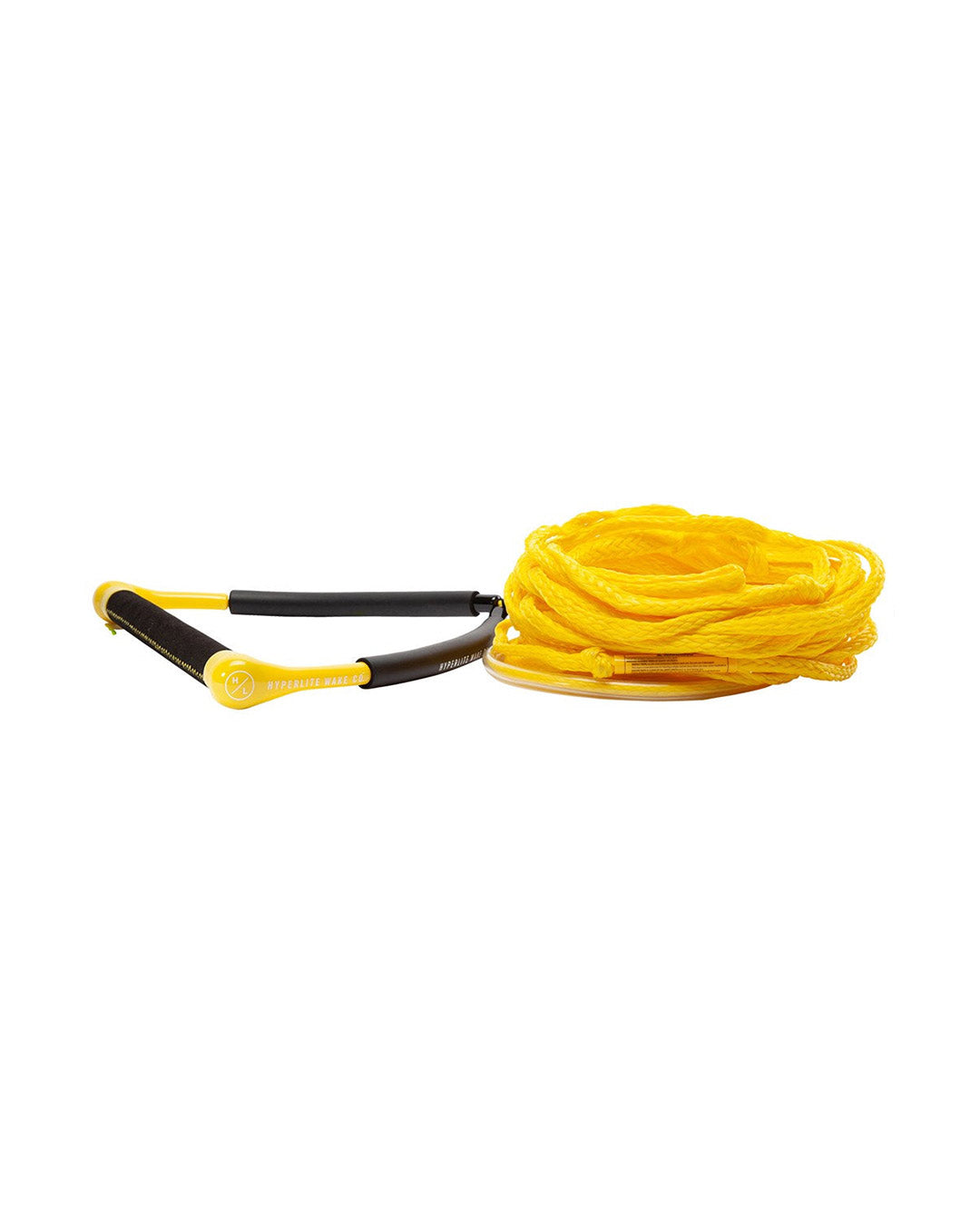 Yellow Hyperlite wakeboard tow rope with handle on a white background