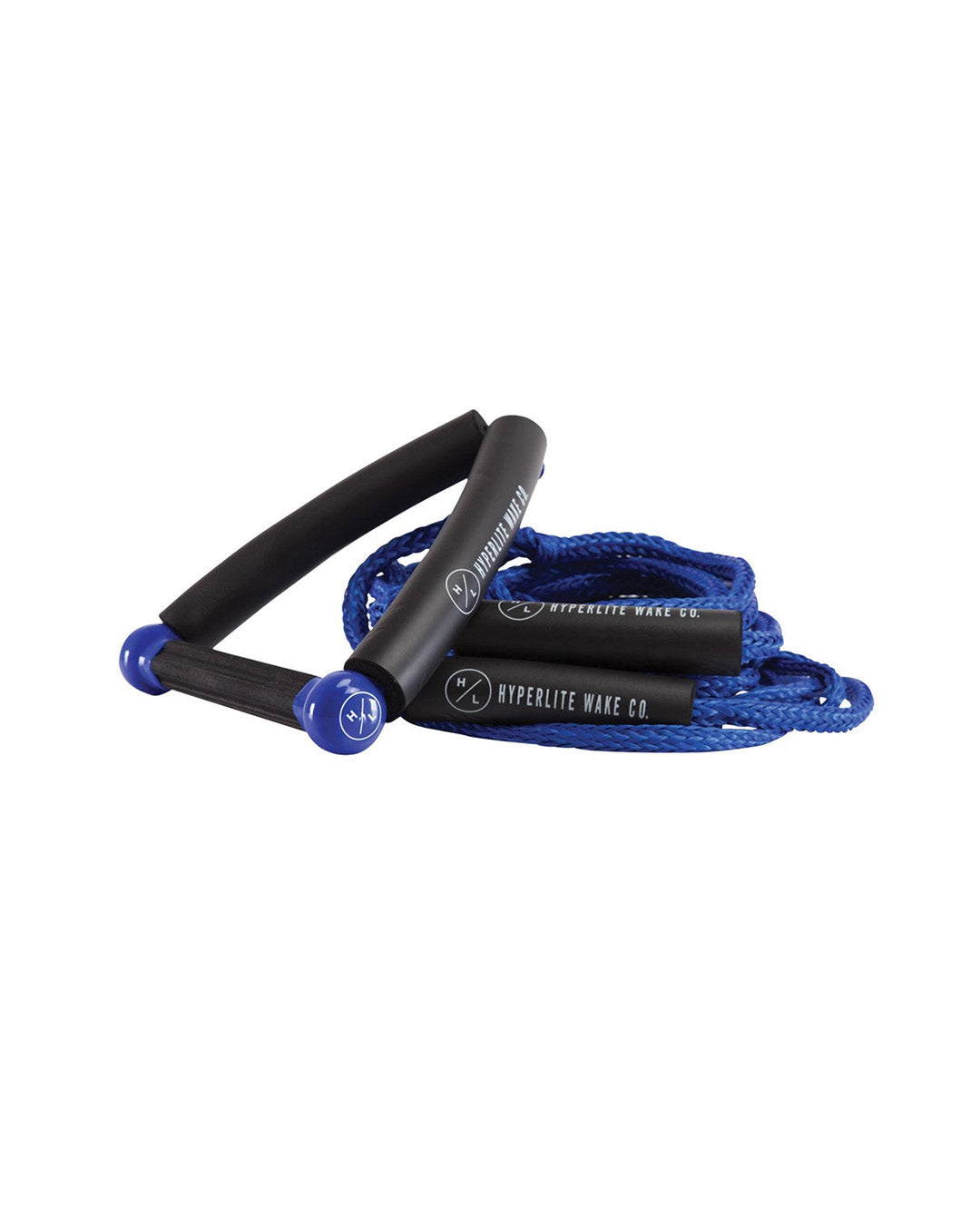 Black and blue surf rope with Hyperlite Wake Co branding on a white background
