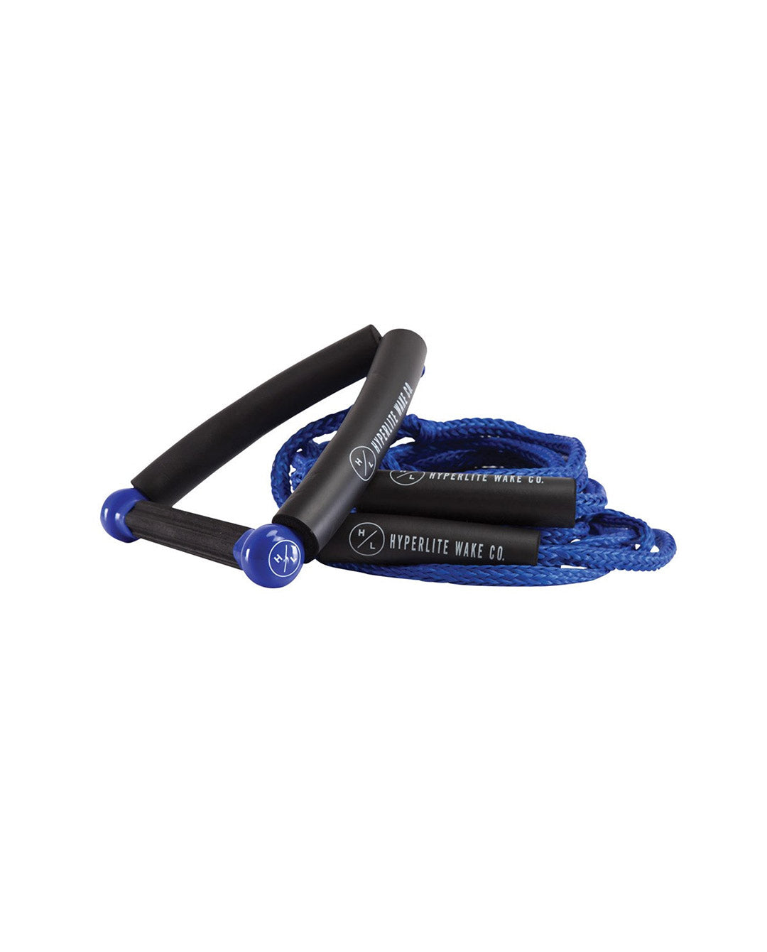 Blue and black wakesurf rope with branded labels on a white background