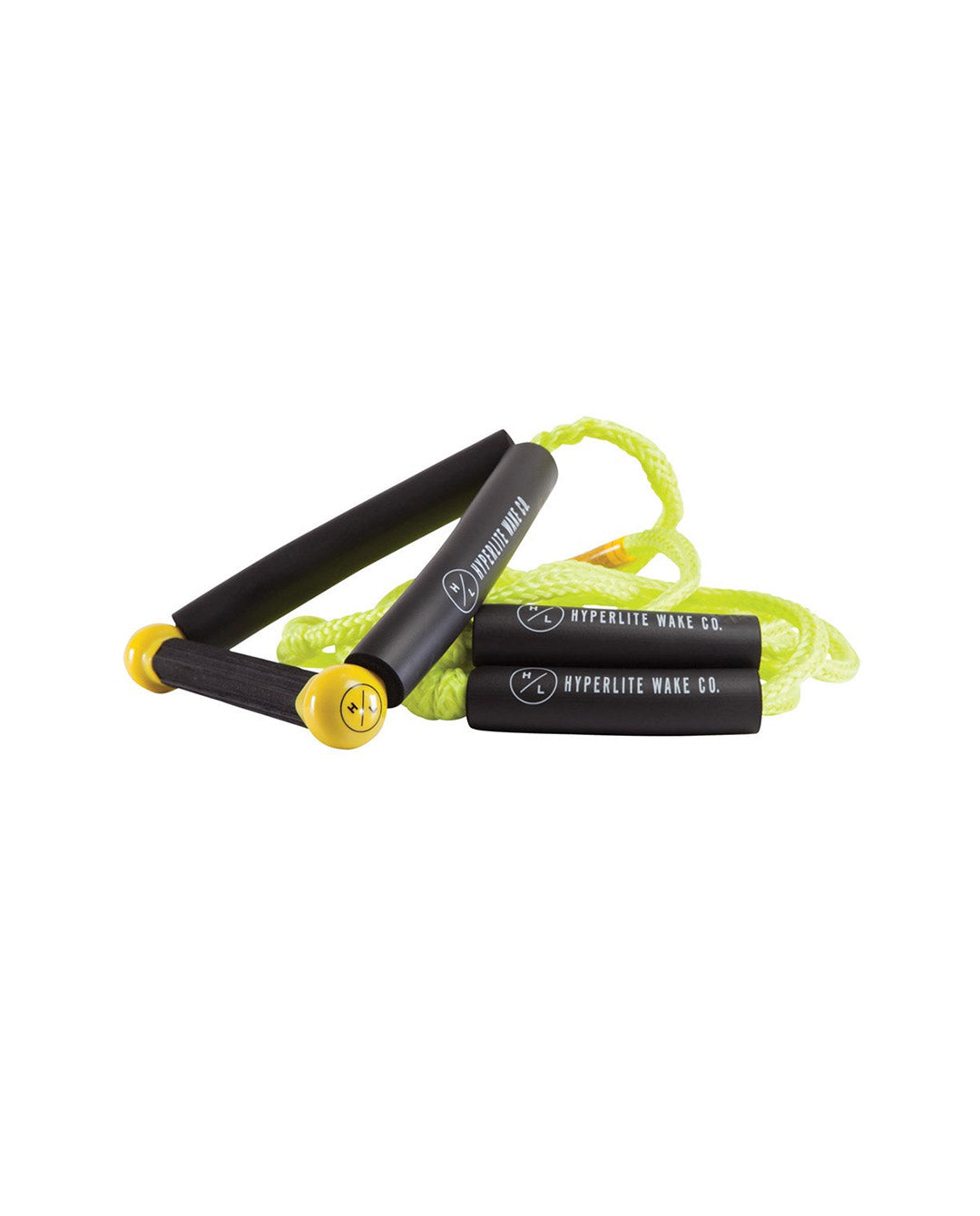 Black and yellow surf rope with 'Hyperlite Wake Co.' branding on a white background