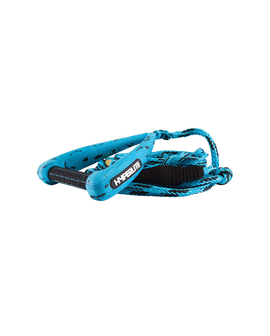 Blue and black wakesurf rope with a handle on a white background