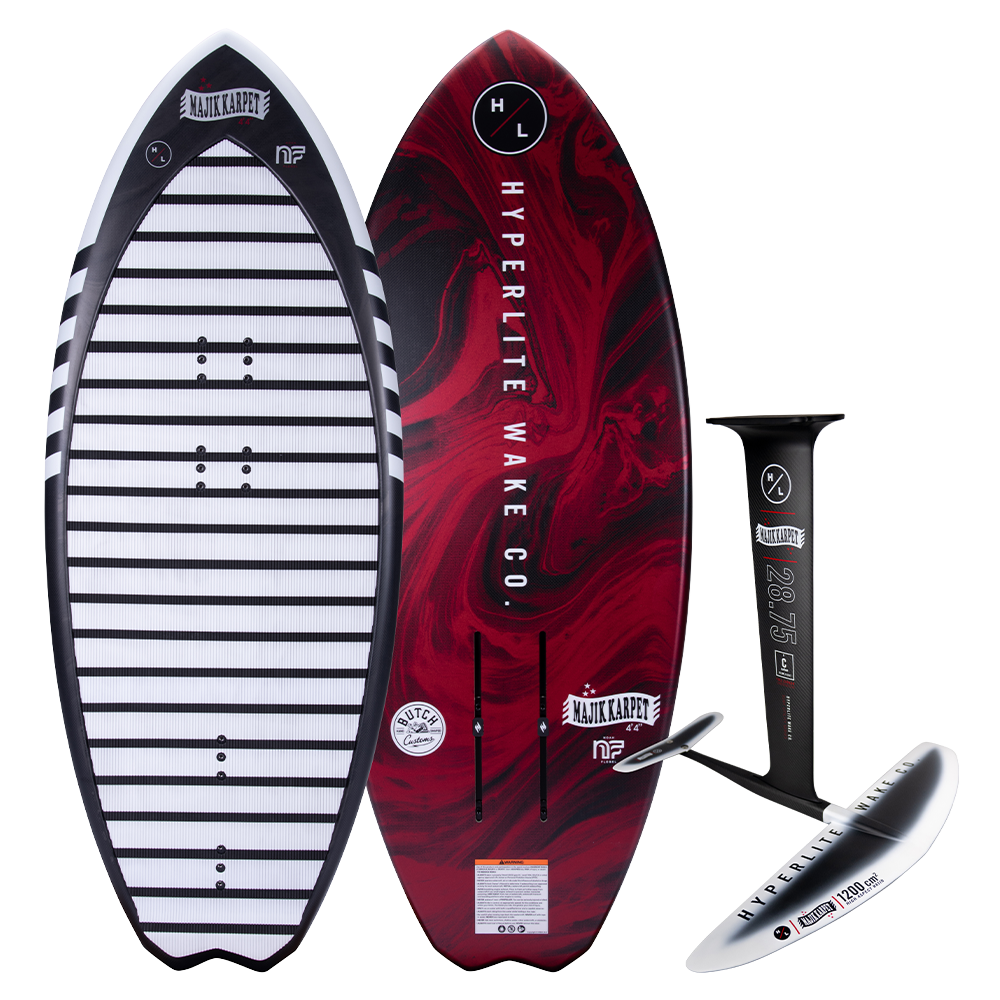 Top and bottom view of a Hyperlite Wake Foil Board with Hyperlite foli besdie it. Black and red board with white backround