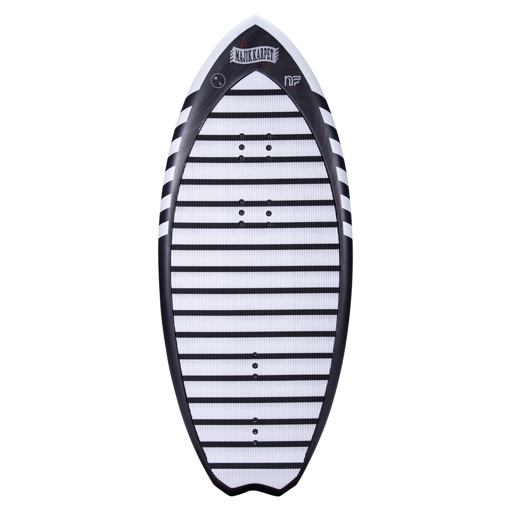 Black and white striped wakefoil board with 'Majik Karpet' branding on a white background
