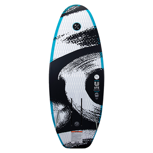Wake Foil board with black, white, and blue design on a white background.