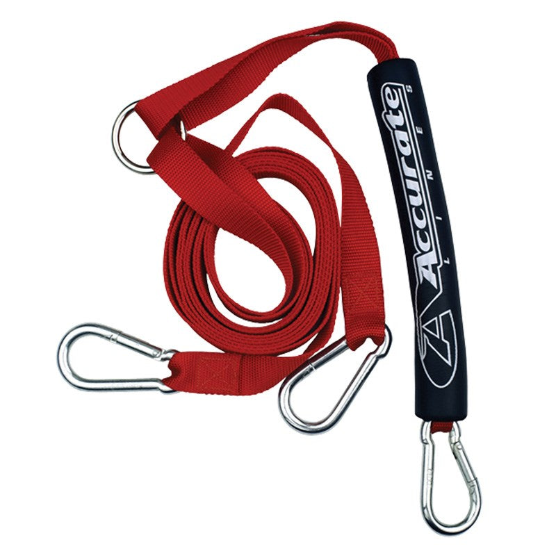 Red boat tow harness with silver carabiners and black handle featuring 'Accurate' branding on a white background.