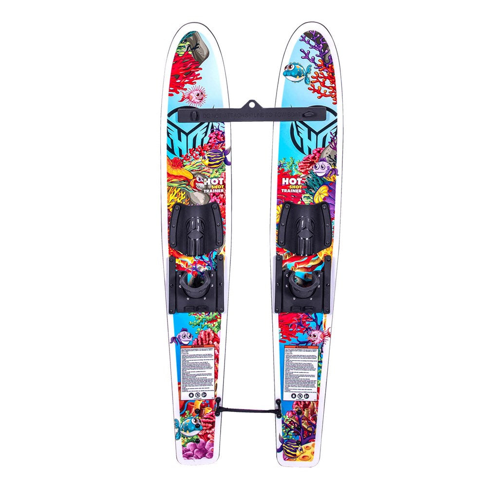 HO Sports Hotshot Trainer combo waterskis with colorful coral reef design on a white background. Trainer bar connector at the top