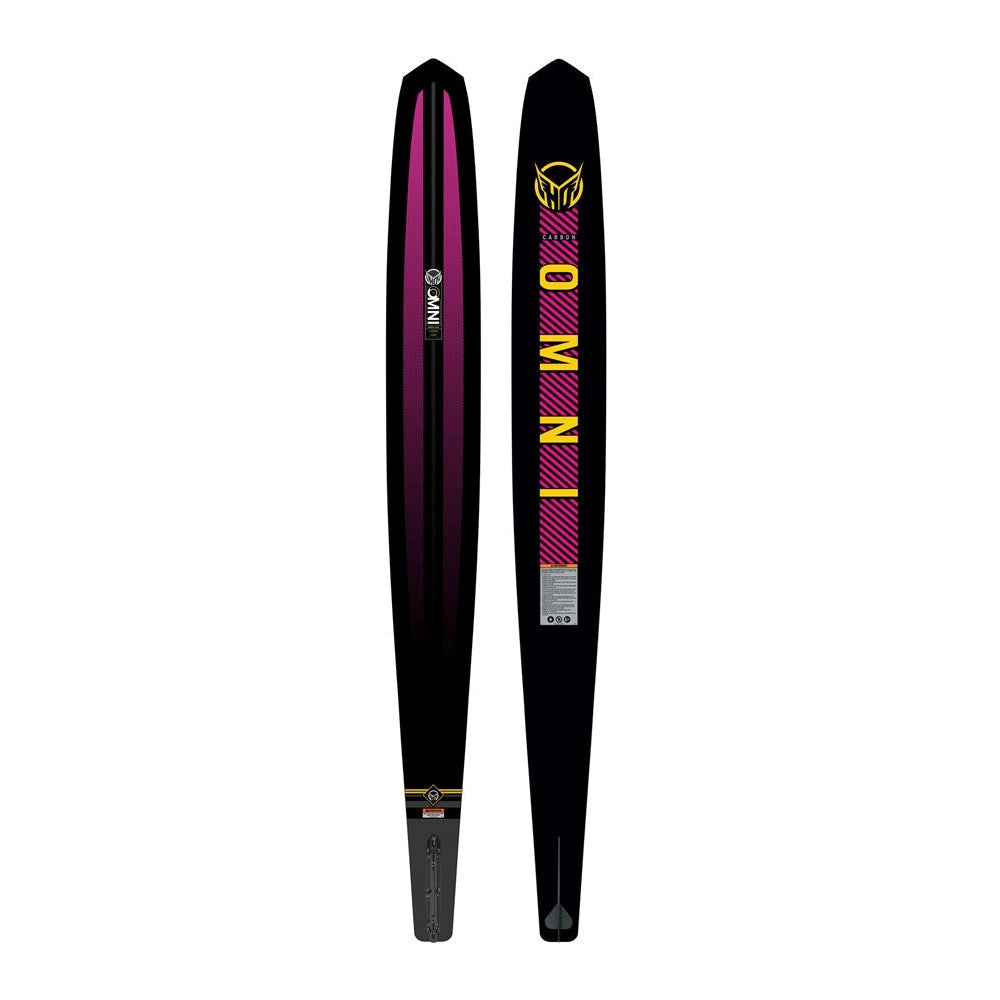 Front and back images of a black water ski with pink and yellow design on a white background. Visible 'HO Skis' branding